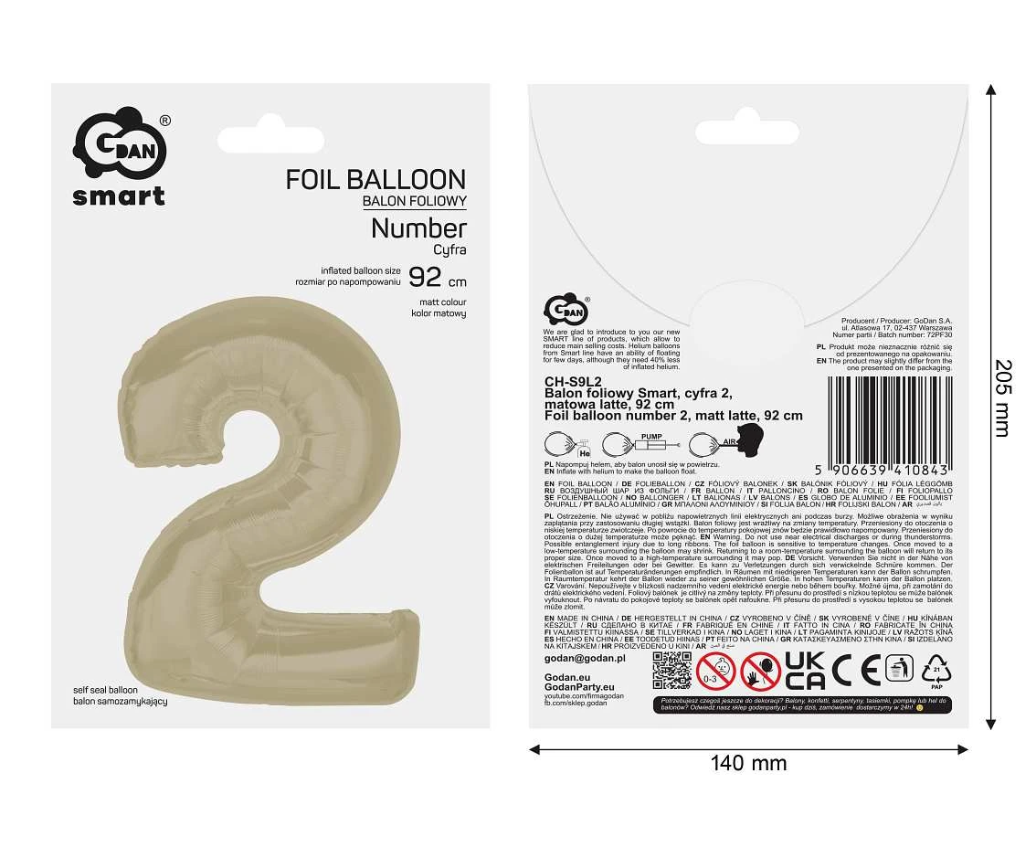 Balon foliowy Smart, cyfra 2, matowa latte, 92 cm  KK